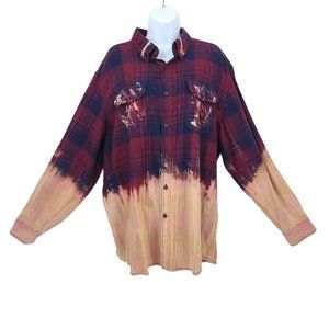 The Rack Brushed Cotton Tie Dye Bleach Button Front Shirt Top Sz XL Plaid